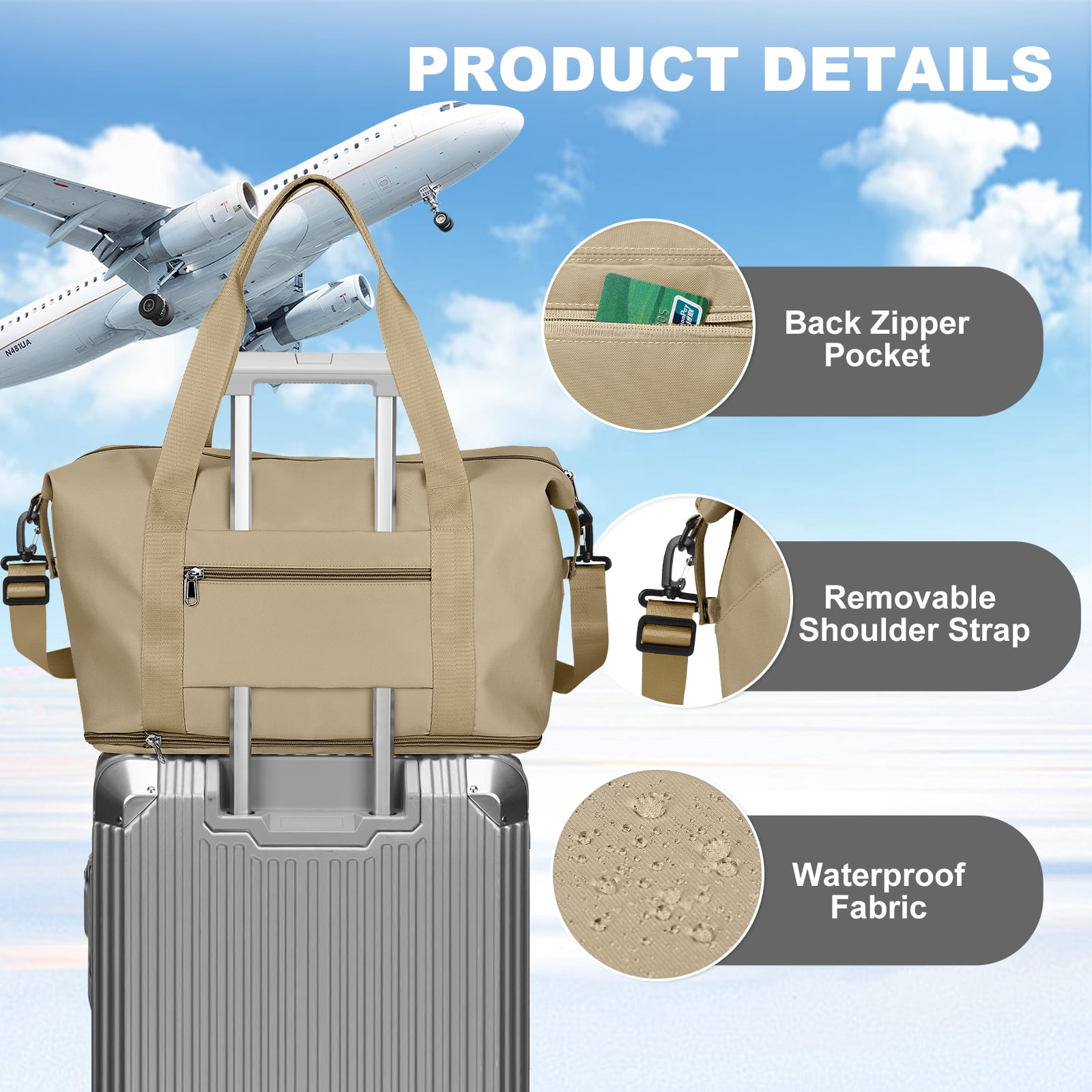 Travel Bag, Waterproof Duffel Gym Tote Bag, Weekender Carry On Overnight Bags for Women Men Approved Personal Item Bag for Airlines with Trolley Sleeve, Travel Duffel Bags, Khaki