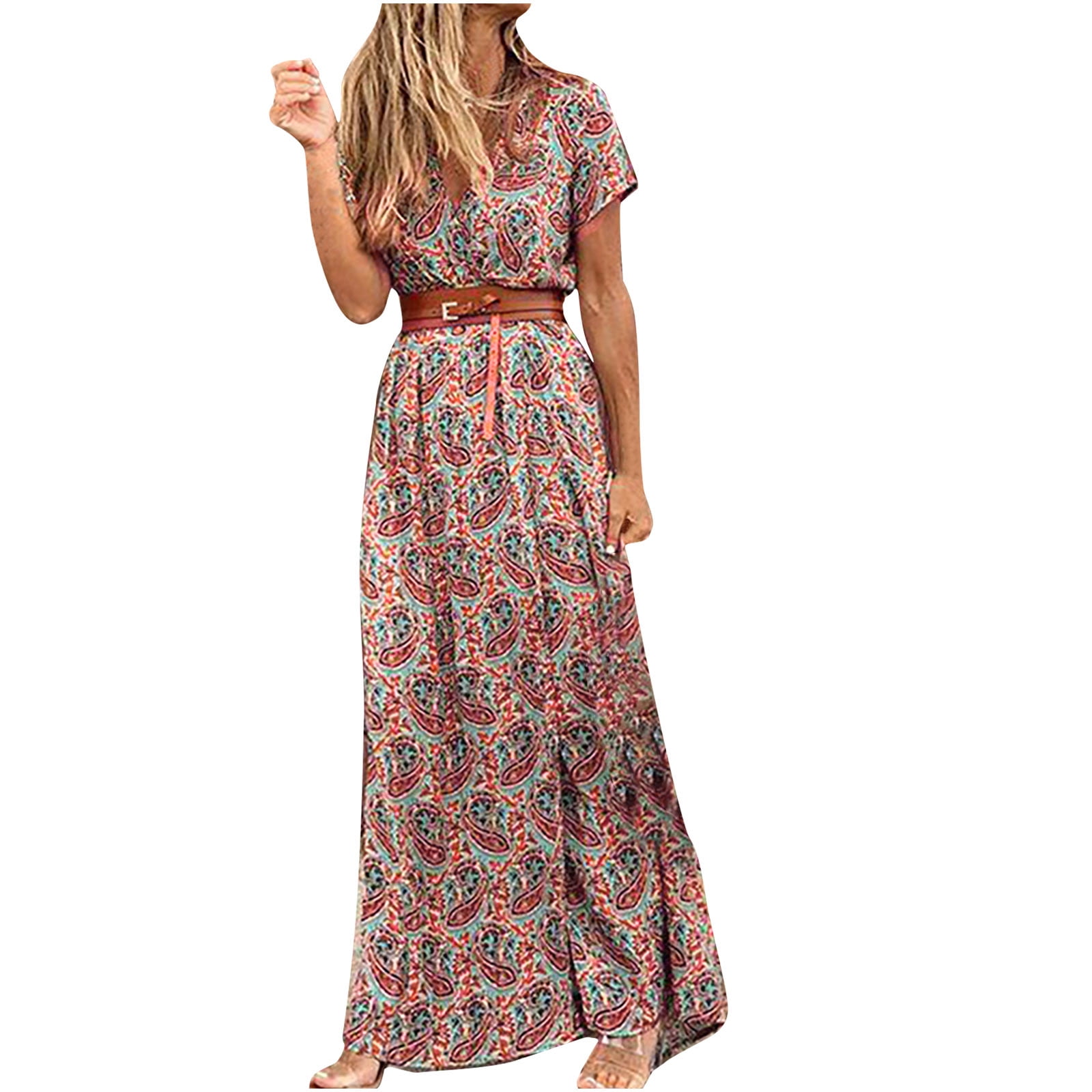 Spring Maxi Dresses for Women Casual Vintage Floral Print Short Sleeve ...
