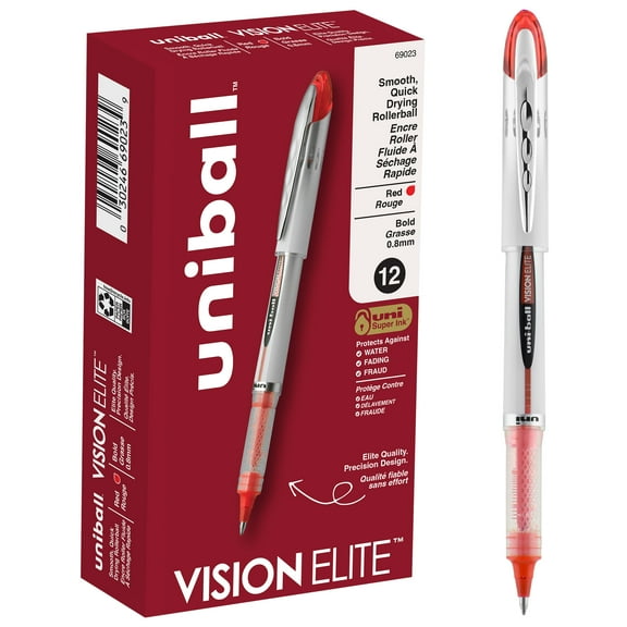 uniball Vision Elite Rollerball Pens, Bold Point (0.8mm), Red Ink, 12 Count