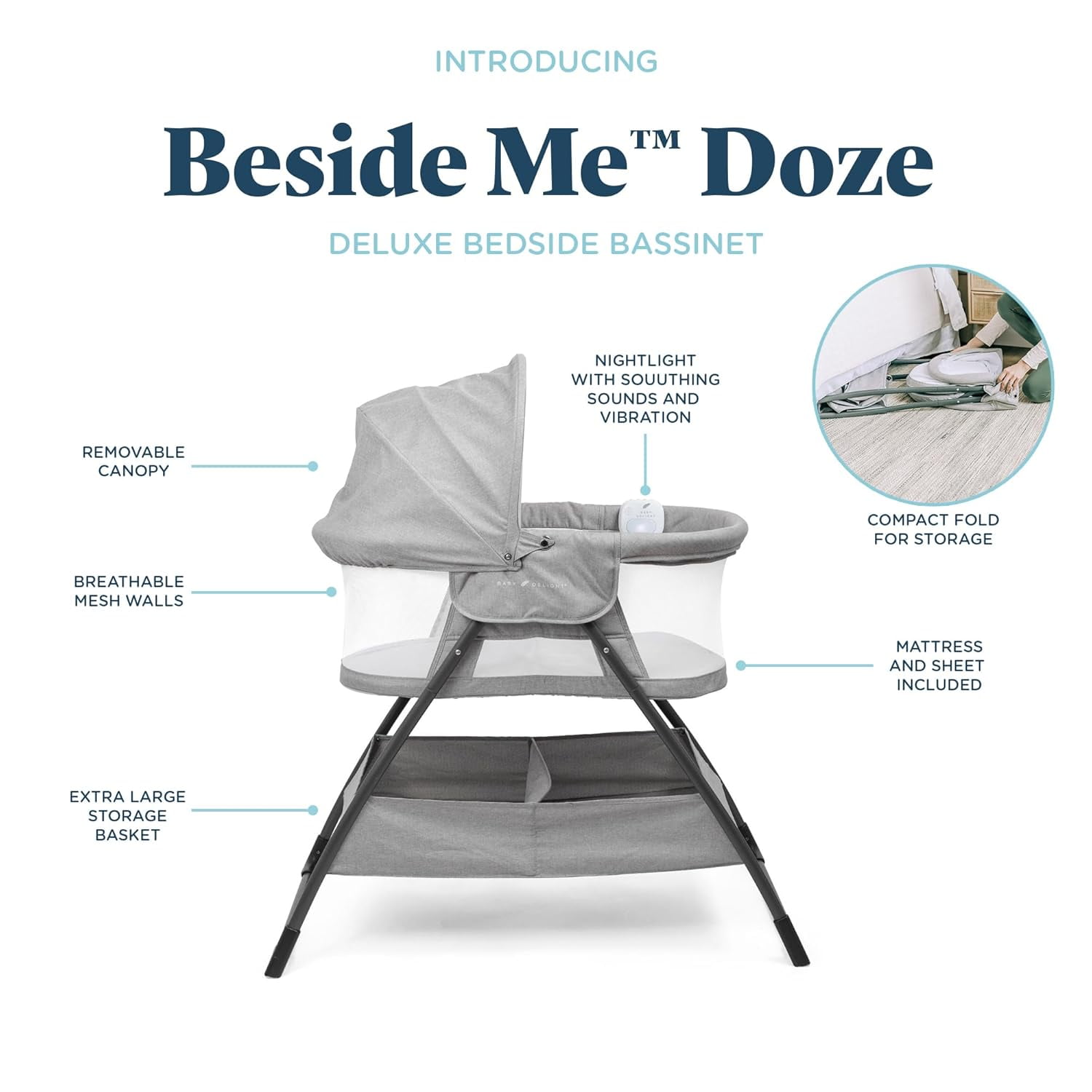 Baby Delight Beside Me Doze Deluxe Bedside Infant Bassinet, Gray, 0-5 Months, JPMA Certified