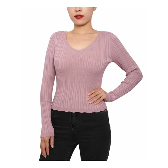 PLANET GOLD Womens Light Purple Ribbed Strappy-back Long Sleeve V Neck Wear To Work Sweater XL