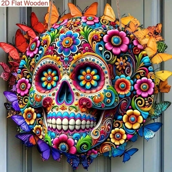 HELLOYOUNG Sugar Skull Wall Art Decor, Stretch DIY Hanging 2D Floral Dia De Los Muertos Decor for Halloween Home Party Decoration, Skull Metal Wall Art for Indoor Living Room Bedroom
