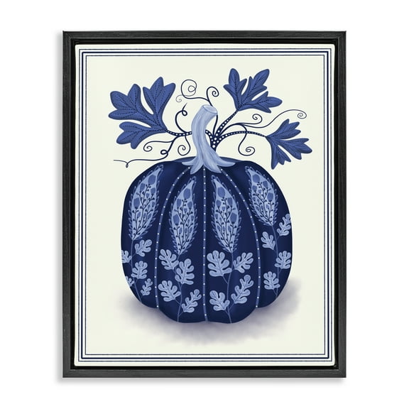Stupell Industries Folk Pattern Fall Pumpkin Plants & Flowers Painting Black Floater Framed Canvas Art Print Wall Art, 17 x 21