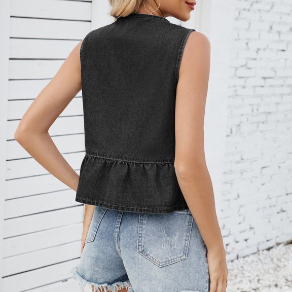 Loose Tank Tops for Women Women's Summer Denim Lace Up Ruffle Hem Vest Top Camisoles for Women Black L