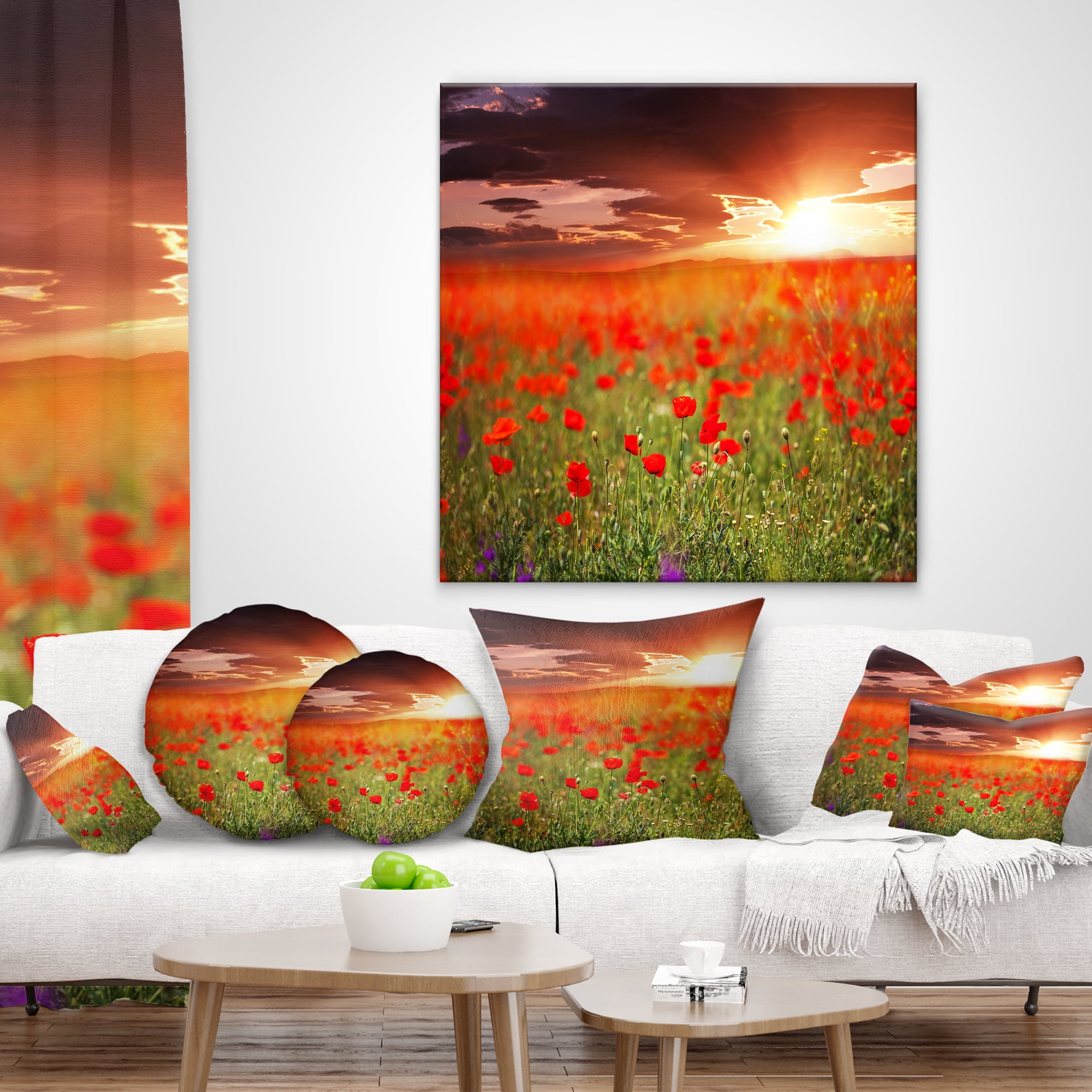 Designart Wild Poppy Flowers At Cloudy Sunset - Flower Throw Pillow - 12x20