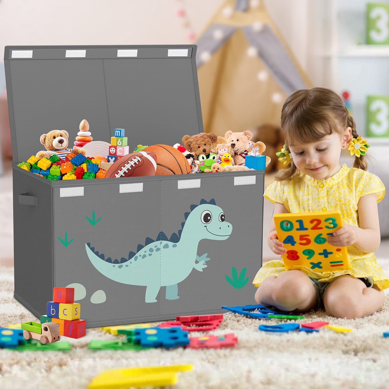 Toy Storage Box with Lids for Boys Girls - Fabric Large Kids Toy Chest Container, Foldable Basket Organsier with 2 handles for Toys,Books,Blankets,Clothes (Grey)