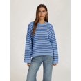 thumbnail image 6 of Womens Long Sleeve Sweater Striped Oversized Sweaters Casual Crewneck Knit Tops Light Blue S, 6 of 8