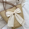 thumbnail image 4 of Bolso tejido de paja para mujer, bolso de mano con lazo para la playa, color caqui, 4 of 9