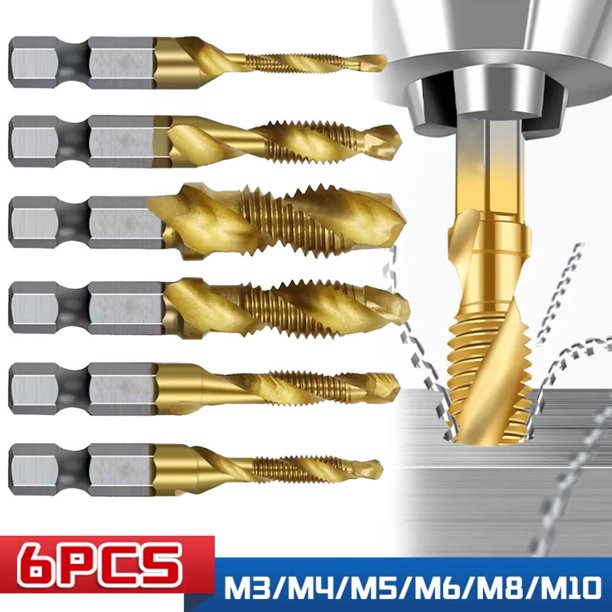 Combination Drill Tap Bit Set 6 Piece Hex Shank Quick Change HSS Titanium Coated Spiral Tap