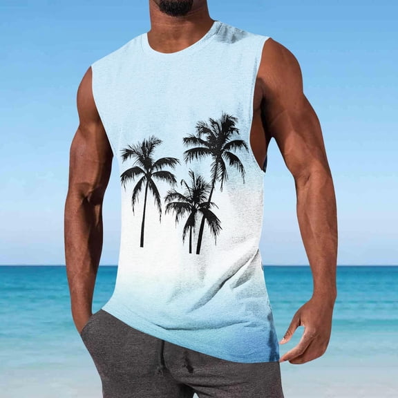 Xcmzpl Men's Crew Neck Tank Top Sleeveless Beach Graphic Tees Hawaiian Print Palm Tree Floral Stretch Casual Undershirt