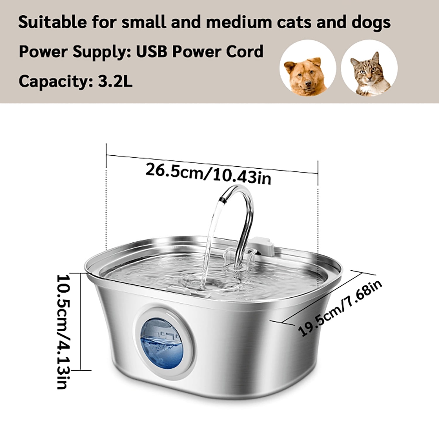 Petavista 3.2L/108oz Cat Water Fountain Stainless Steel Faucet Automatic Fountain with Silent Pump