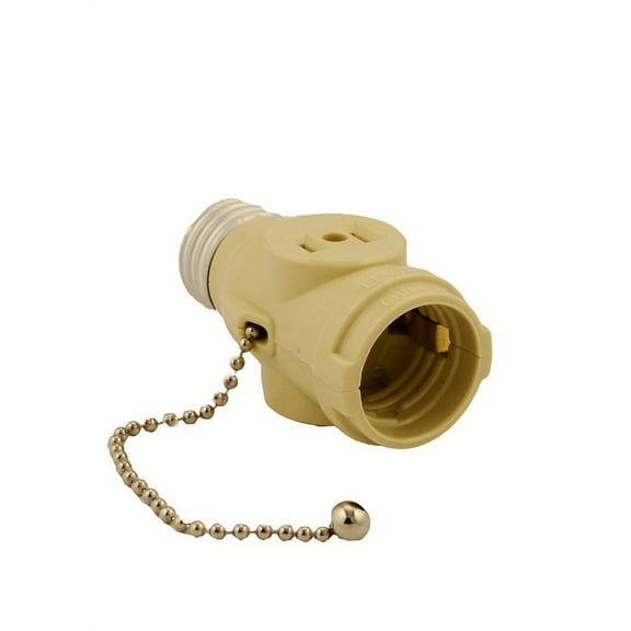 Leviton Polarized Lamp Holder Adapter With Pull Chain, 2 Outlet - 660W 125V - 1 Pack Ivory