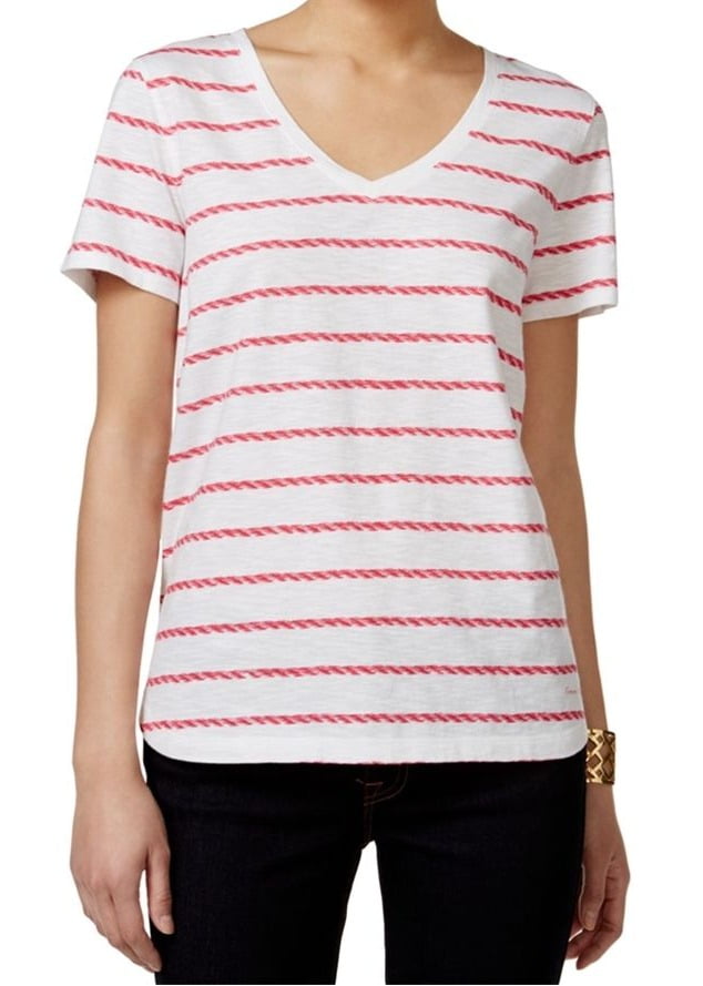 Tommy Hilfiger NEW Pink Womens Size Medium M Stripe VNeck Tee TShirt