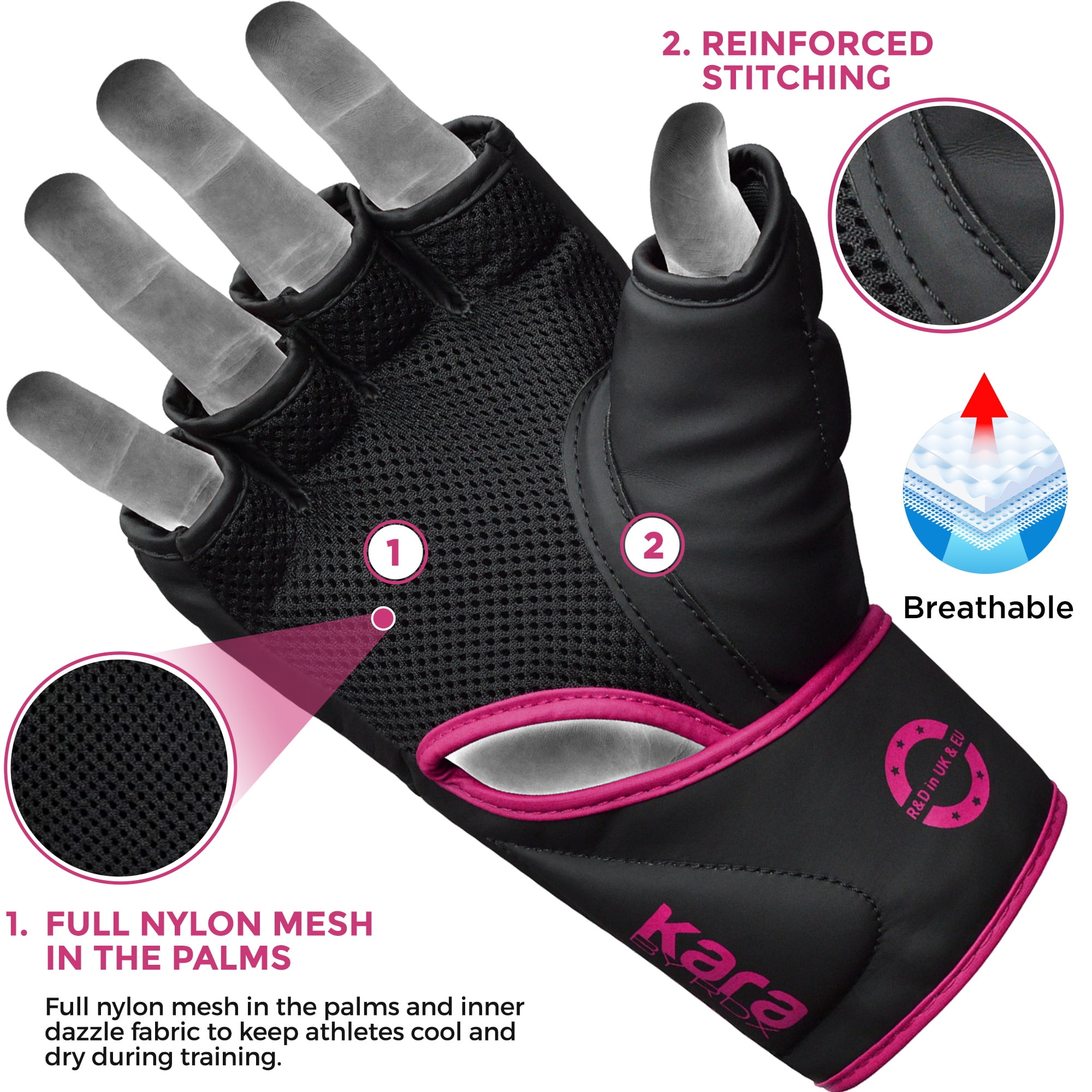 RDX MMA Boxing Gloves Grappling, Pre-Curved Martial Arts Mitts, Ventilated Palm Kara Pink L
