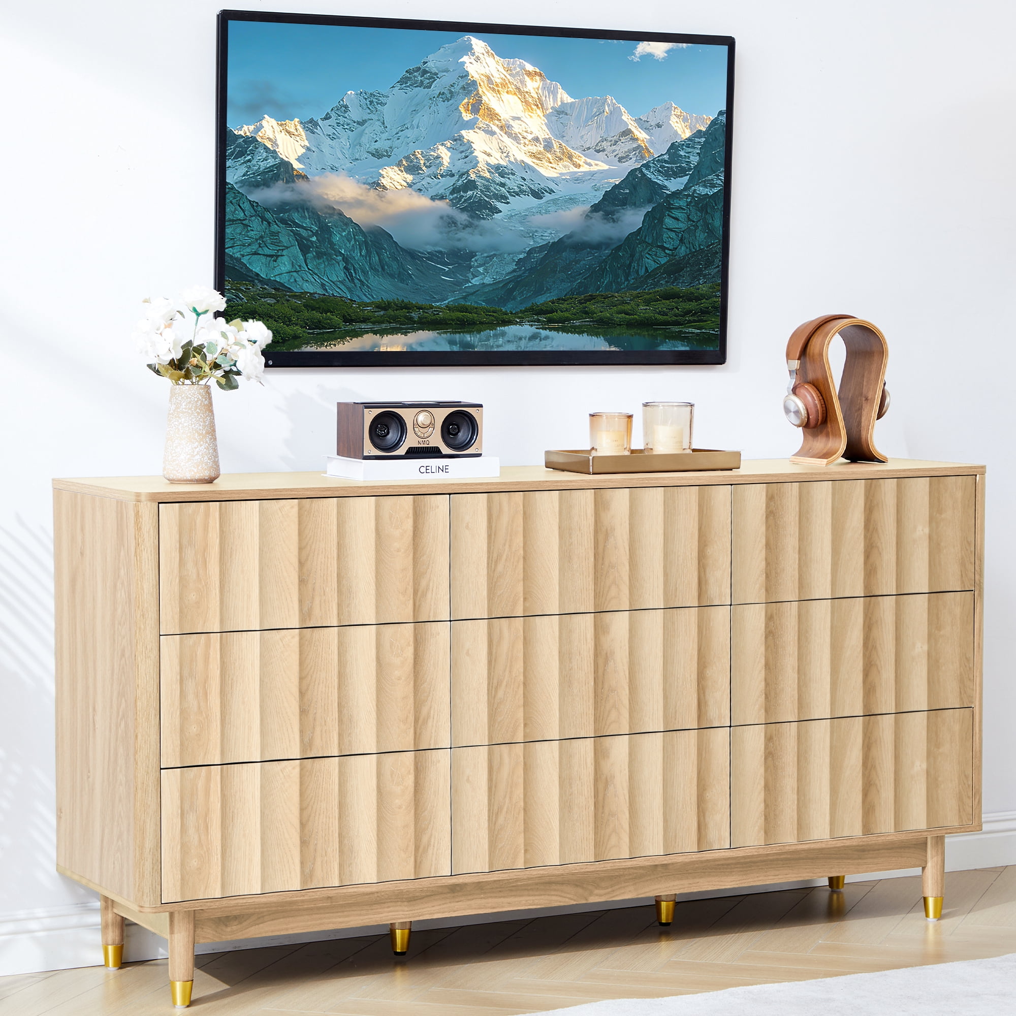 LEFHDA Fluted 9-Drawer Dresser for Bedroom with Deep Drawers, 60" Wide Mid Century Modern Chest of Drawers, Wooden Dresser TV Stand for Living Room, Hallway, Closet (Oak)
