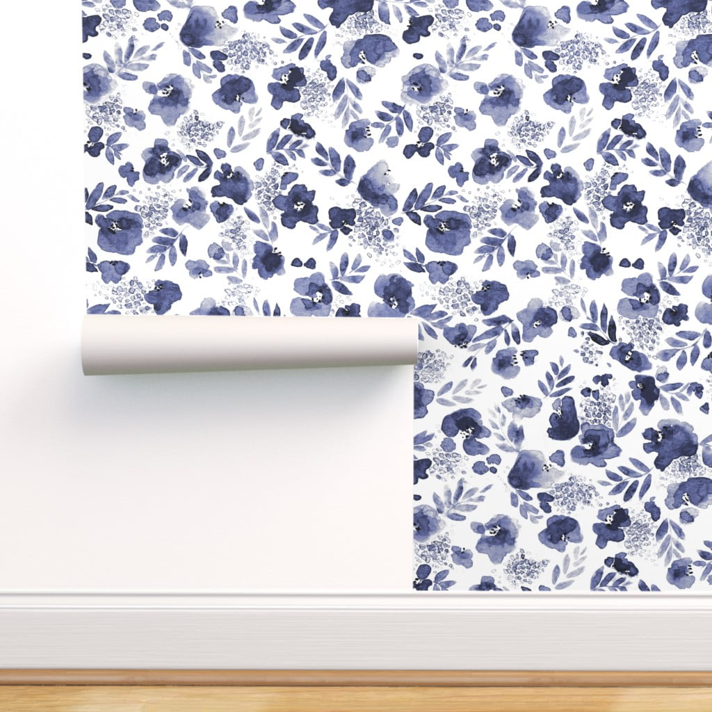 Peel & Stick Wallpaper 9ft x 2ft - Flower Print Indigo Navy Floral