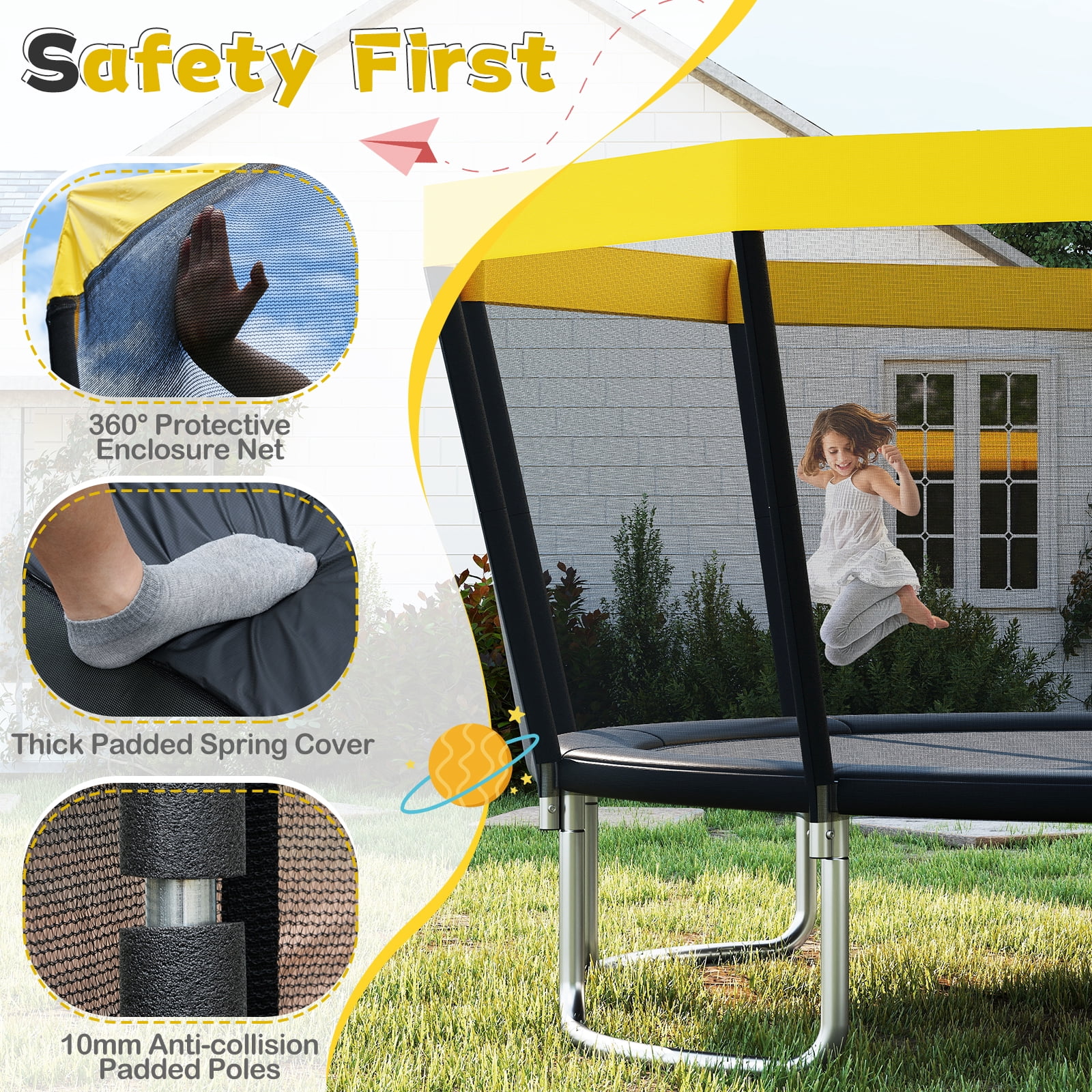 Gymax 15 FT Outdoor Trampoline w/Non-Slip Ladder Enclosure Net & Anti-Rust Coating Yellow & Black