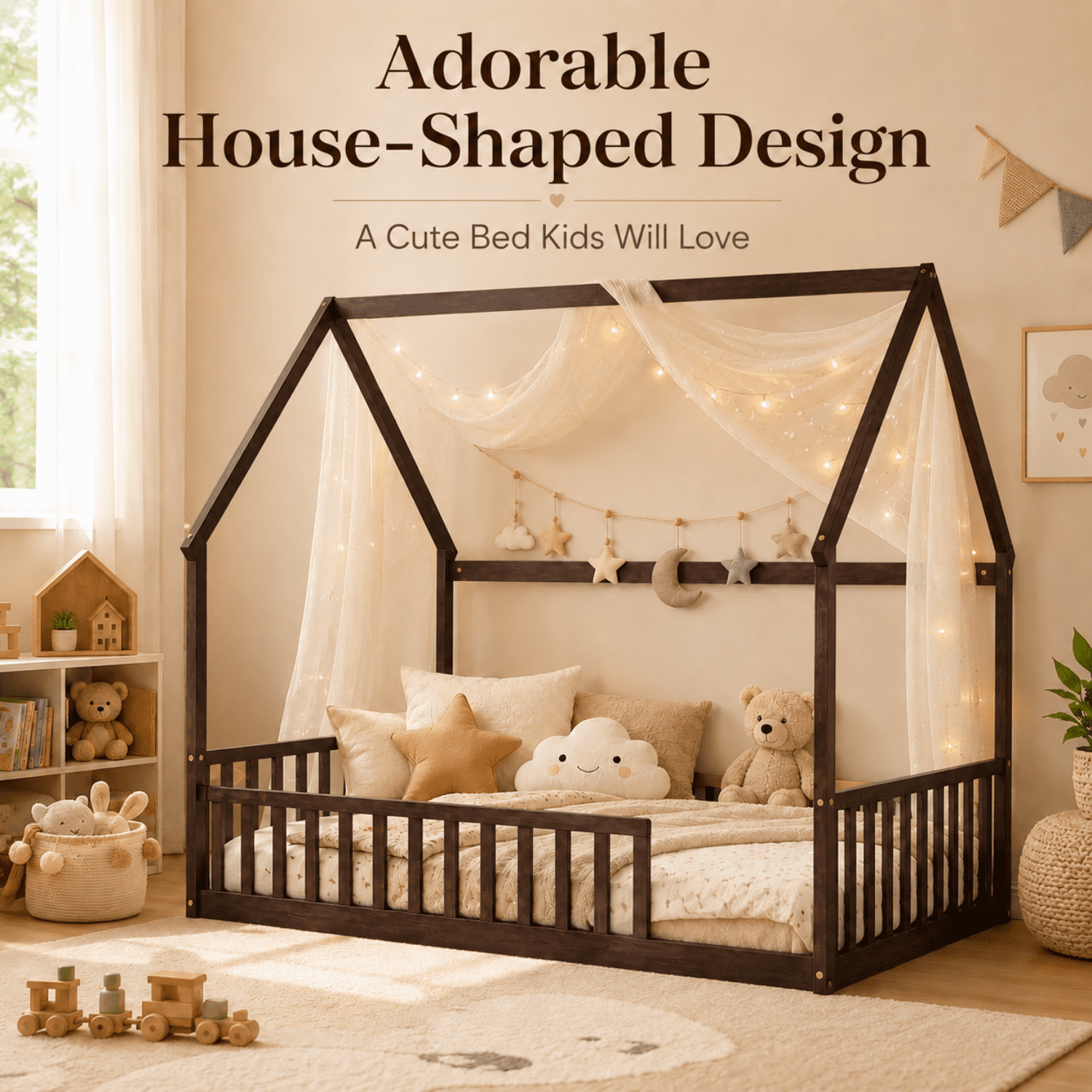 Miniyam Full Size Kids House Floor Bed with Fence, Wood Montessori Bed Frame, Espresso