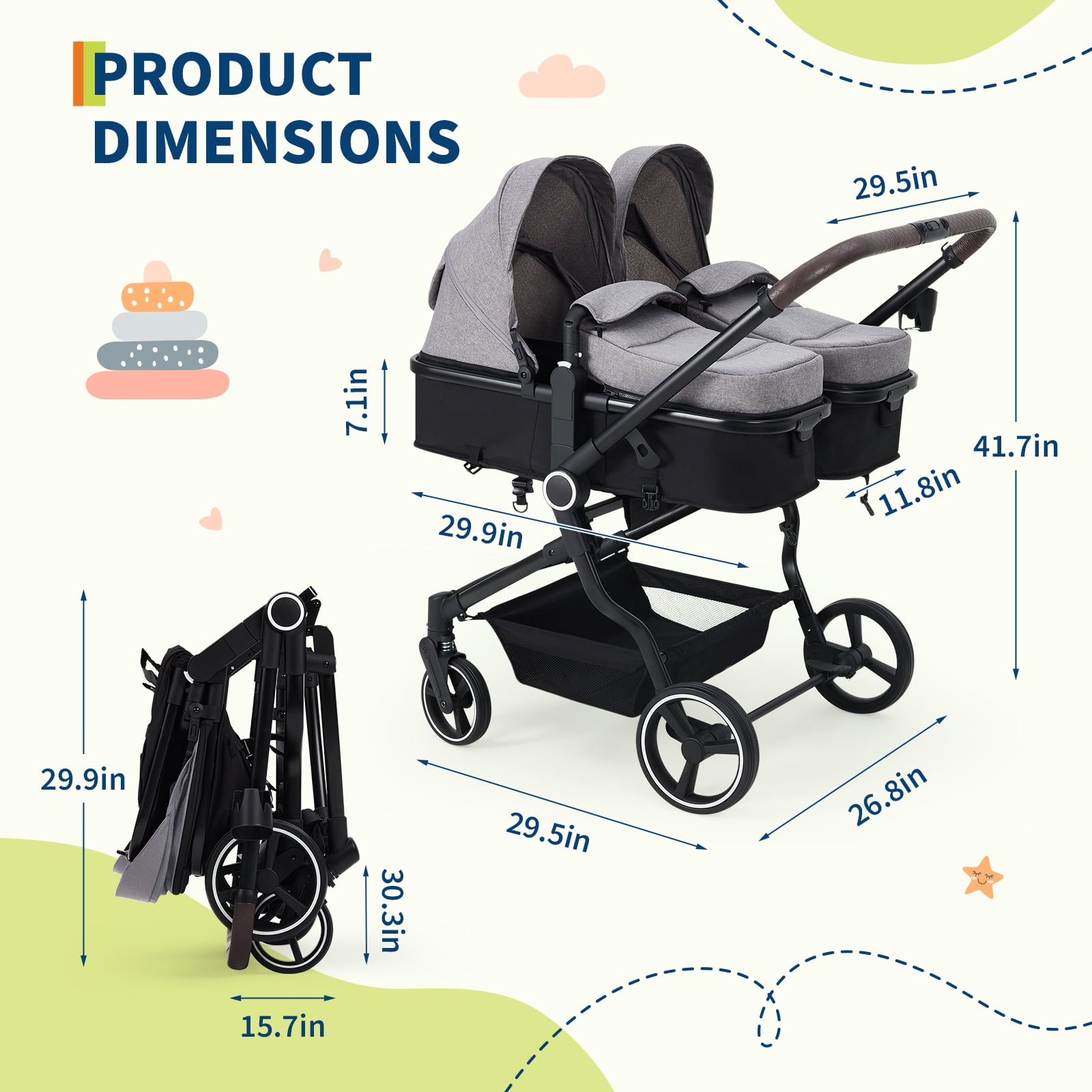Roromall Side by Side Double Stroller for Twins, Adjustable Compact Folding Baby Travel Stroller with High Landscape Seat, Lightweight Canopy & Recline for Infant and Toddler