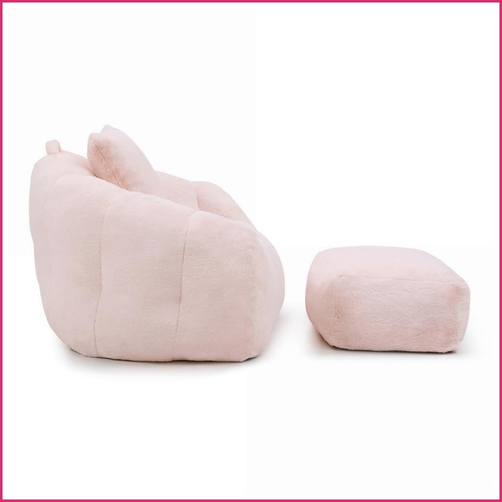 Oversized Faux Fur Bean Bag Chair with Footstool – Lazy Sofa for Adults & Kids | Faux Fur | Curved