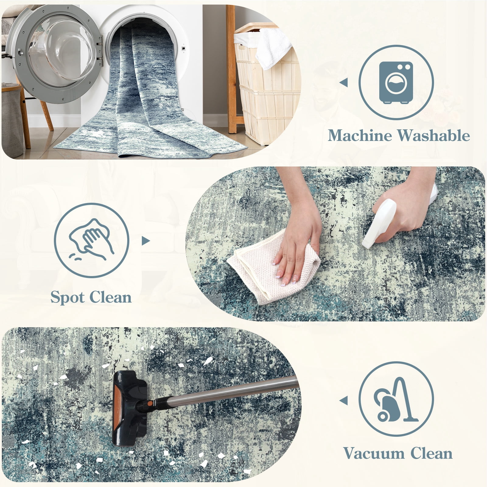 RUG ROBOT 3'x5' Area Rugs for Entryway, Non-Slip Washable Throw Rug, Indoor Soft Modern Abstract Distressed Doormat, Small Rug for Bedroom, Kitchen, Terrace, Balcony, Blue/Gray
