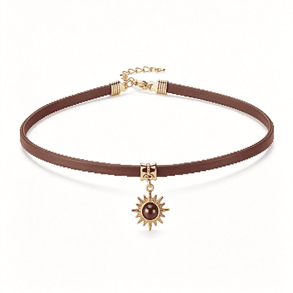 TUWAFE Vintage Brown Leather Choker Necklace,Celestial Sun Choker Gothic Boho for Women,Sunflower Pendant Necklaces,Adjustable Brown Pu Leather Cord,Elegant Choker Necklace for Women