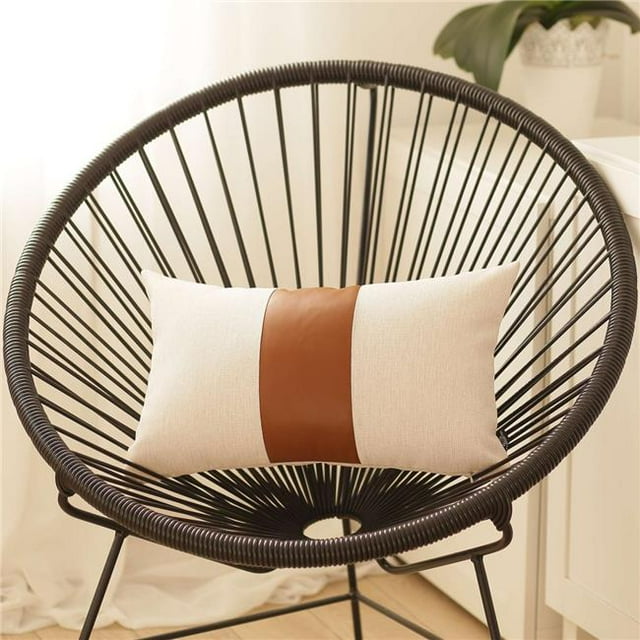 HomeRoots 399434 Pure White & Brown Faux Leather Lumbar Pillow, Multi Color