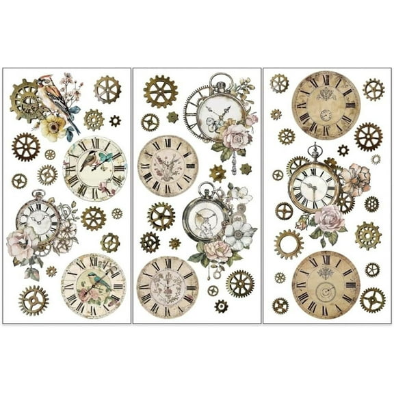 DIY 3pcs/Set Retro Clocks Rub on Transfers for Furniture and Crafts 6x12 inch Gears Flower Decor Transfer Stickers Birds Rub on Decals for Wood Furniture Scrapbooking Home Decorations DIY