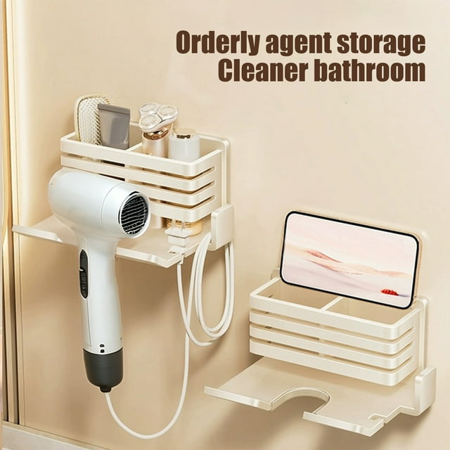Estante de secador de pelo de aleación de aluminio montado en la pared | Organizador de almacenamiento sin perforación para baño o inodoro | Sostiene secadores de pelo y accesorios | Instalación sin