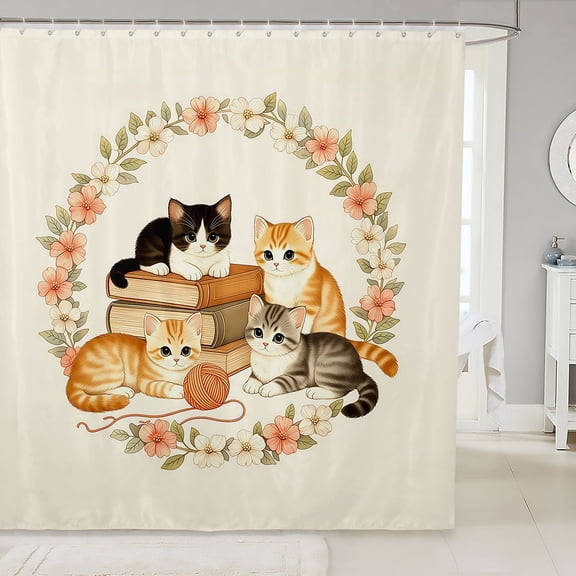 Manfei Kawaii Kitten Shower Curtain 72Wx72L, Boho Western Flower Bathroom Curtain, Cream