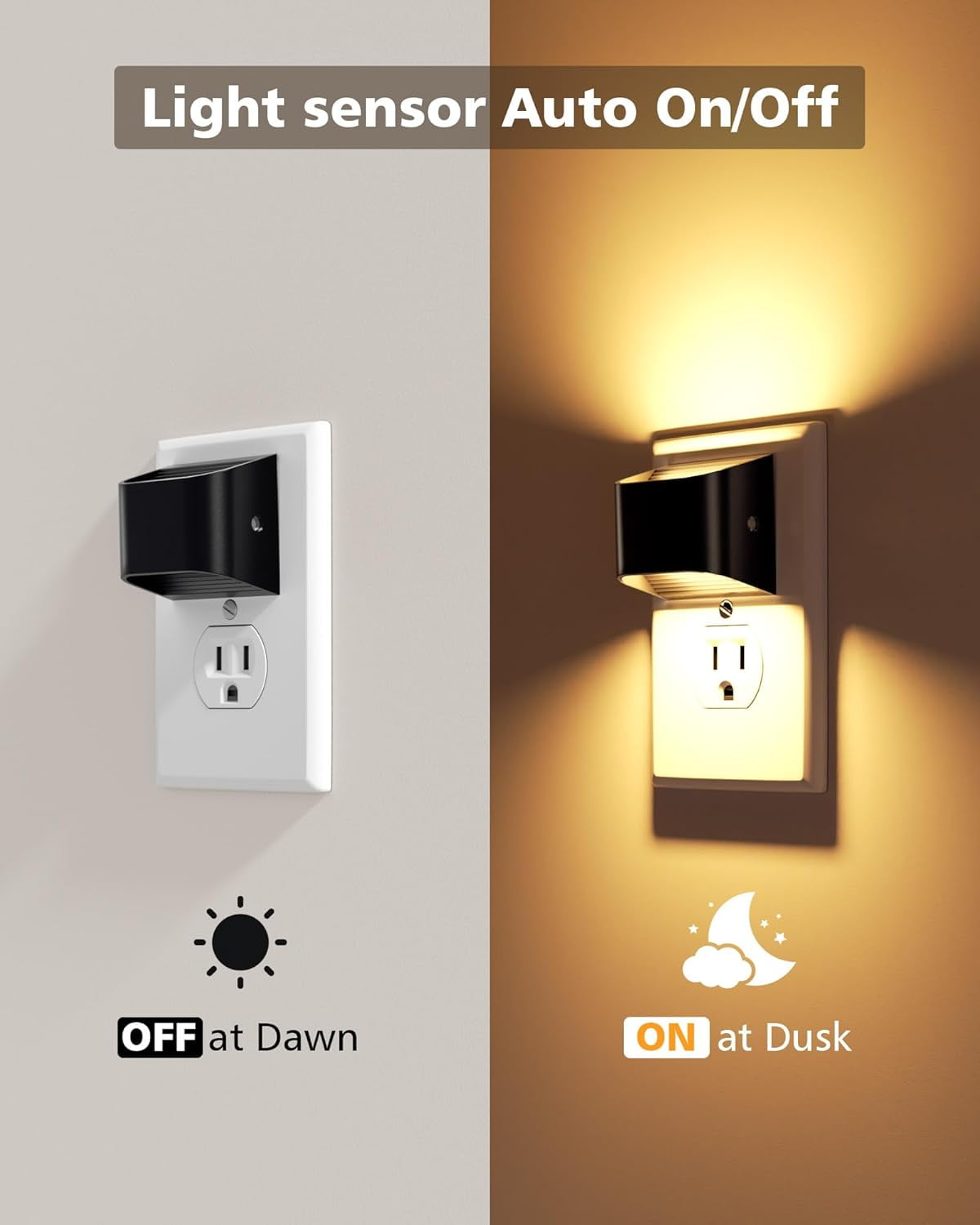 Night Lights Plug into Wall, 4 Pack Up and Down LED Night Light with Dusk to Dawn Light Sensor, 3000K Warm White Nightlight for Hallway, Bedroom, Bathroom, Kitchen Black