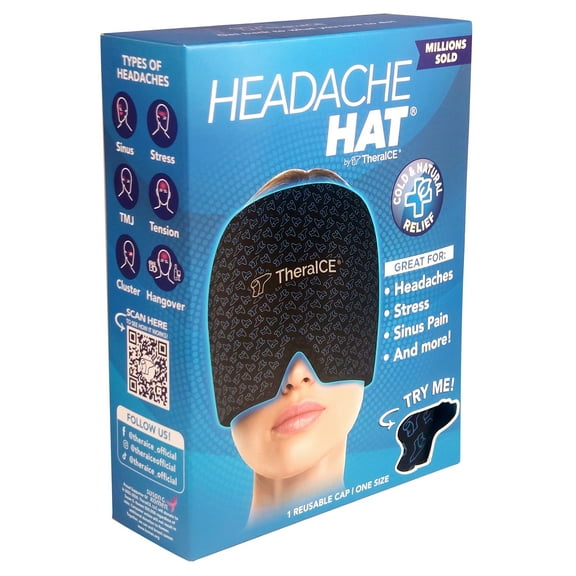 TheraICE Migraine Relief Cap, Soothing Headache Hat Ice Pack Mask, Face Cold Compress Cooling Gel Head Wrap Products for Tension, Stress & Hangover