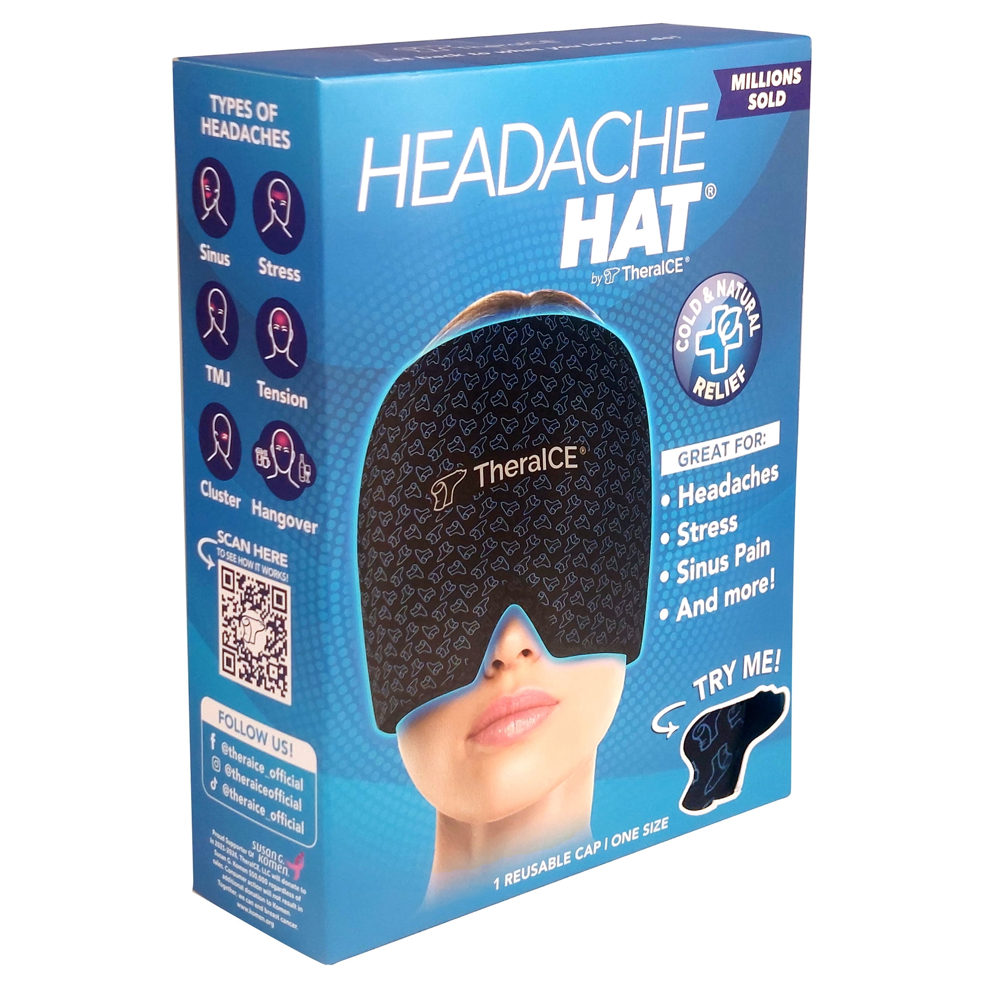 TheraICE Migraine Relief Cap, Soothing Headache Hat Ice Pack Mask, Face Cold Compress Cooling Gel Head Wrap Products for Tension, Stress & Hangover