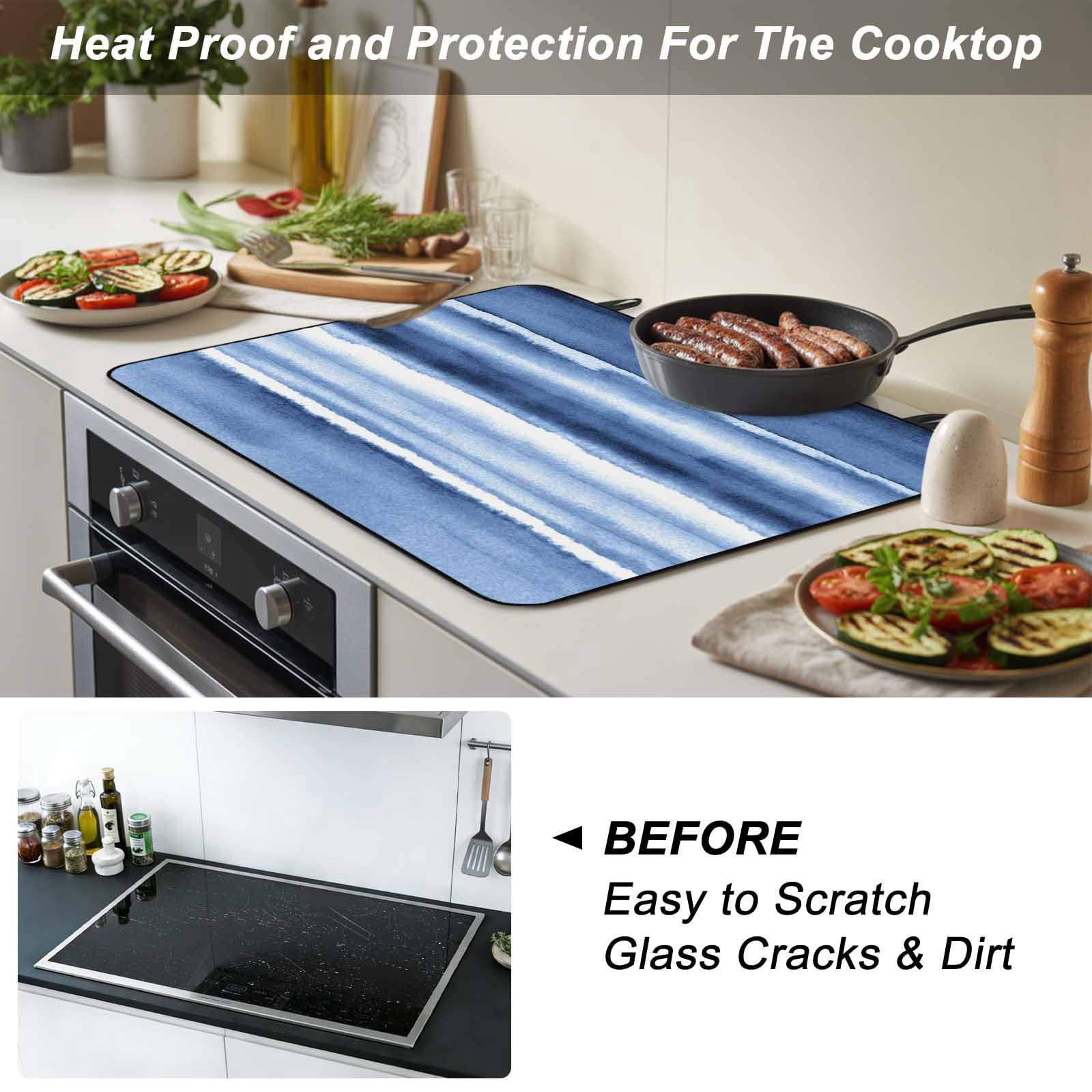 Blue Stripes Stove Top Cover for Electric Stove, Heat-proof & Non Slip Glass Top Stove Cover Protector, Watercolor Retro Ombre Abstract Tie Dye Art Kitchen Flat Cooktop Rubber Mat 24x21 Inches