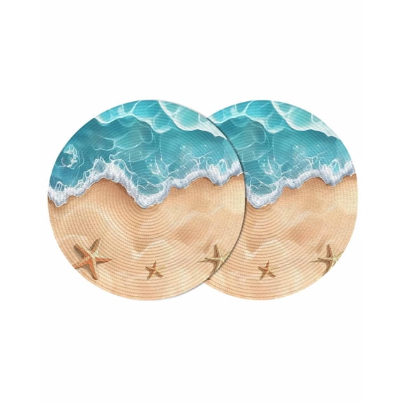Ocean Beach Round 13 Inch Placemats Set of 2, Starfish Sea Waves Coastal Seaside Sand HeatResistant Non Slip Place Mats for Dining Table, Wipeable Braided Kitchen Table Mats for Housewarming