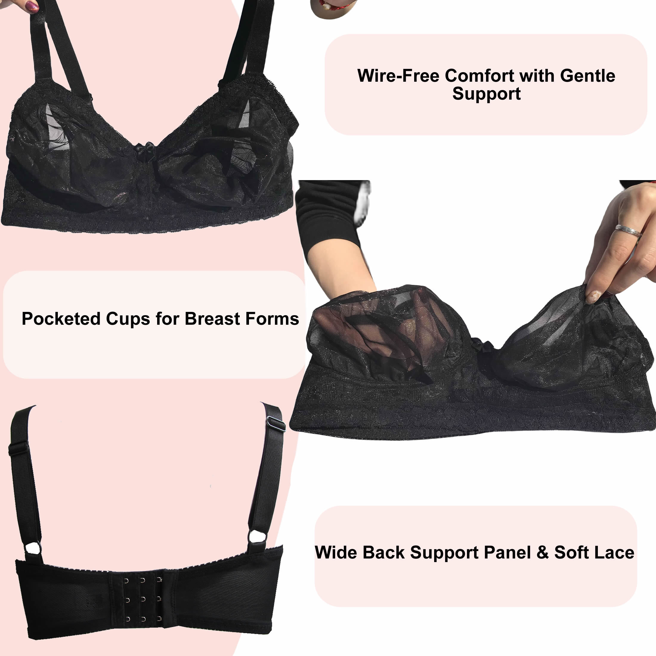 BIMEI Women’s Pocketed Mastectomy Bra with Lace | Sheer Pocket Bra for Breast Forms | Post-Surgery Prosthesis Bra | Wire-Free Support, Silicone Breast Form Holder,Black,42B