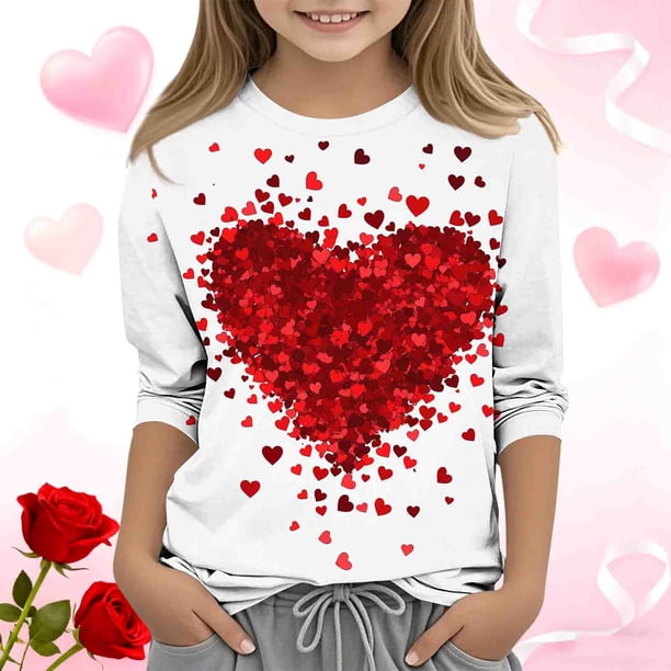 Blusas y camisas de cuello redondo y manga larga para niños, blusas/camisas de poliéster con estampado de corazones, mangas 3/4 y cuello redondo, elegantes e informales.