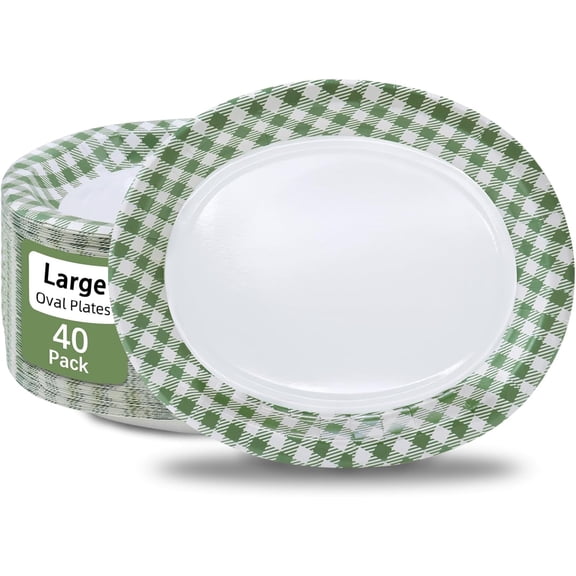40Pcs Gingham Party Supplies 10"x12" Oval Green Paper Plates - Large Pastel Dinner Plates St Patricks Plates Heavy Duty for St Patricks Picnic Birthday Baby Shower
