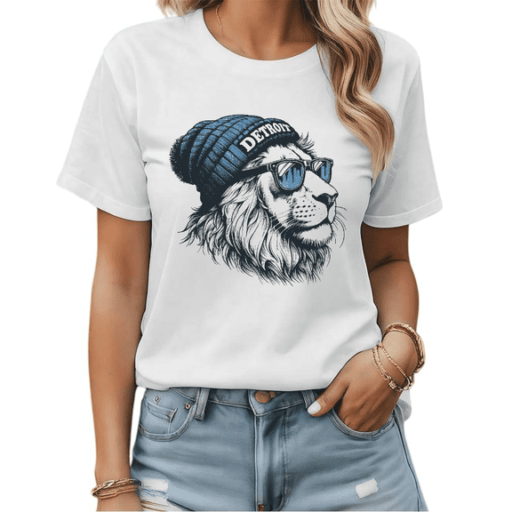 Cool Detroit Lion With Beanie Graphic Tees Womans T-shirt Shirts Black White S-5XL Tops