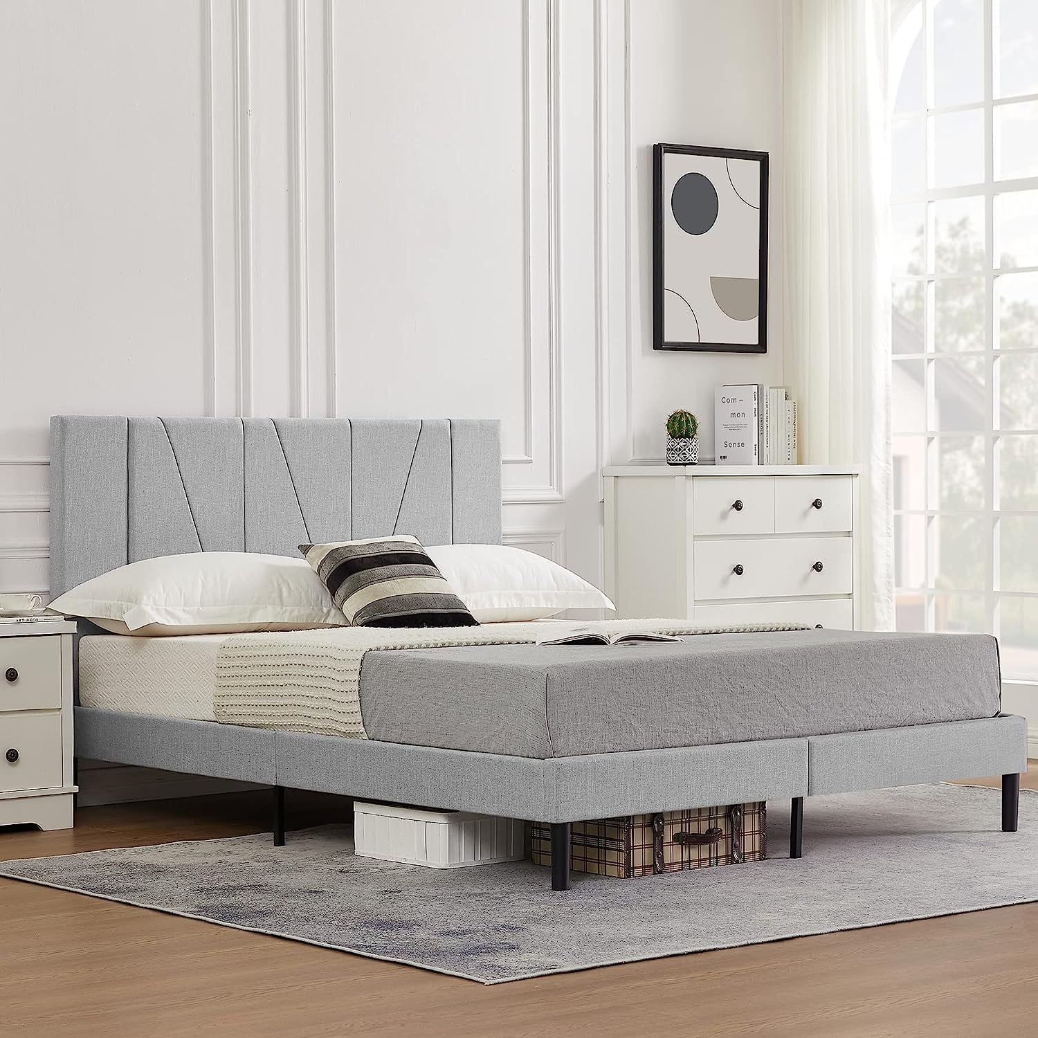 Flolinda King Size Bed Frame Upholstered Platform with Complete Headboard，Fabric Upholstered Platform Bed Frame, Beige