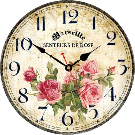 DESIGNICE Home Clock 14 Inch Silent Non-Ticking Quartz Movement Wooden Wall Clock Round Battery Operated Indoor Decorative Wall Clocks Vintage French Floral Wall Clock(Pink Roses)