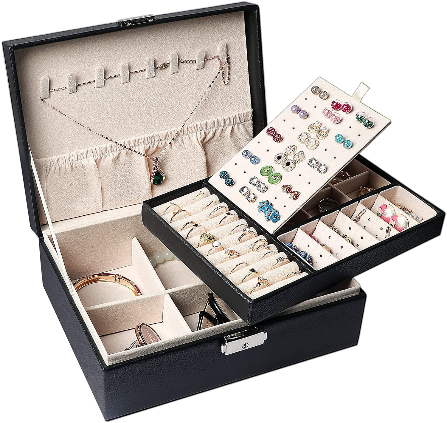 Jewelry Box Organizer 2 Layer Leather Jewel Storage Case with Removable Tray 