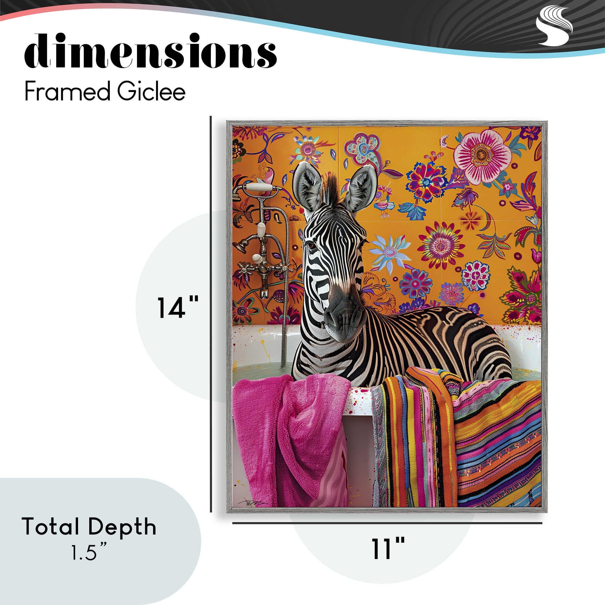 Zebra Bath with Colorful Towel Gray Framed Giclee Art, design by Momart