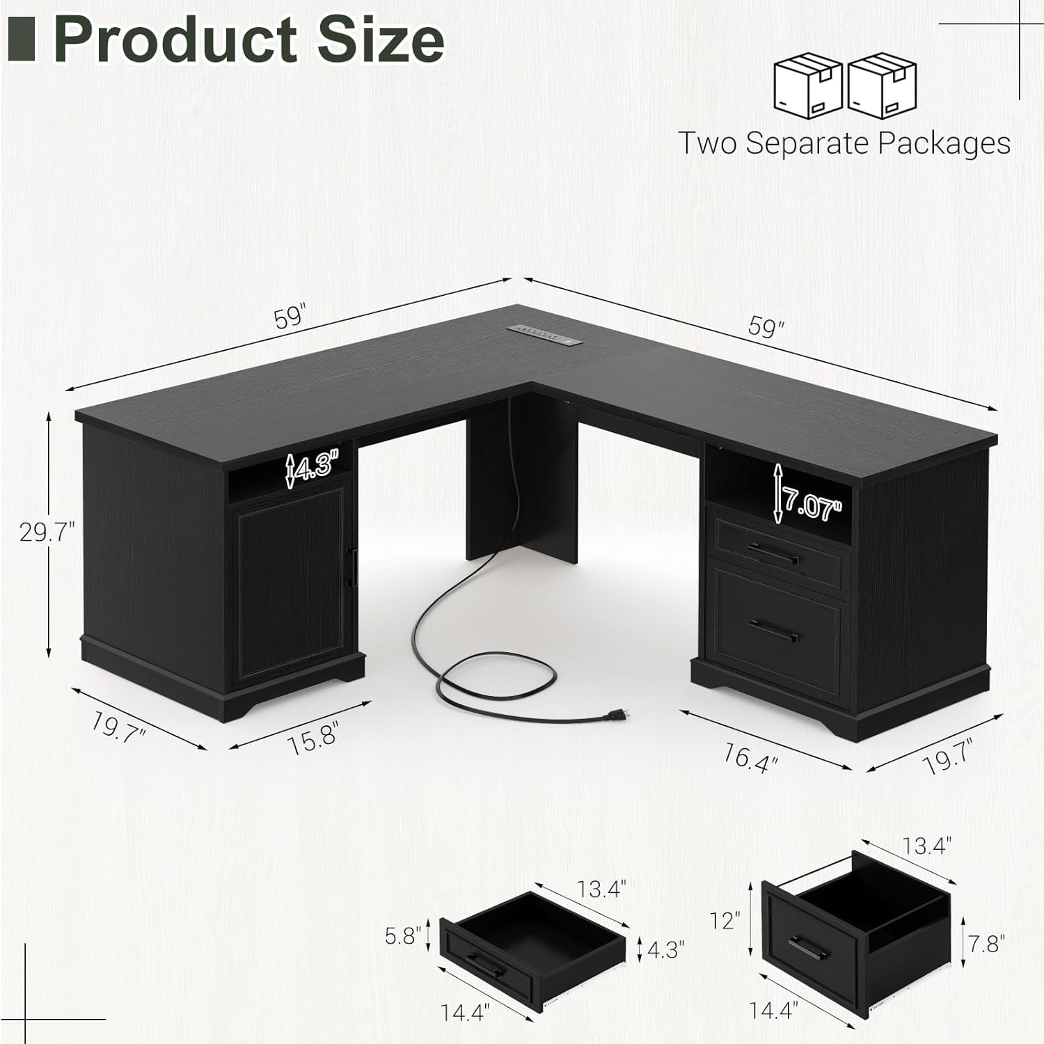 Homieasy L Shaped Executive Desk with File Drawers, 60" Corner Computer Desk with Power Outlets, Large 2 Person Home Office Table with Storage Cabinet, Sturdy Writing Desk, Black