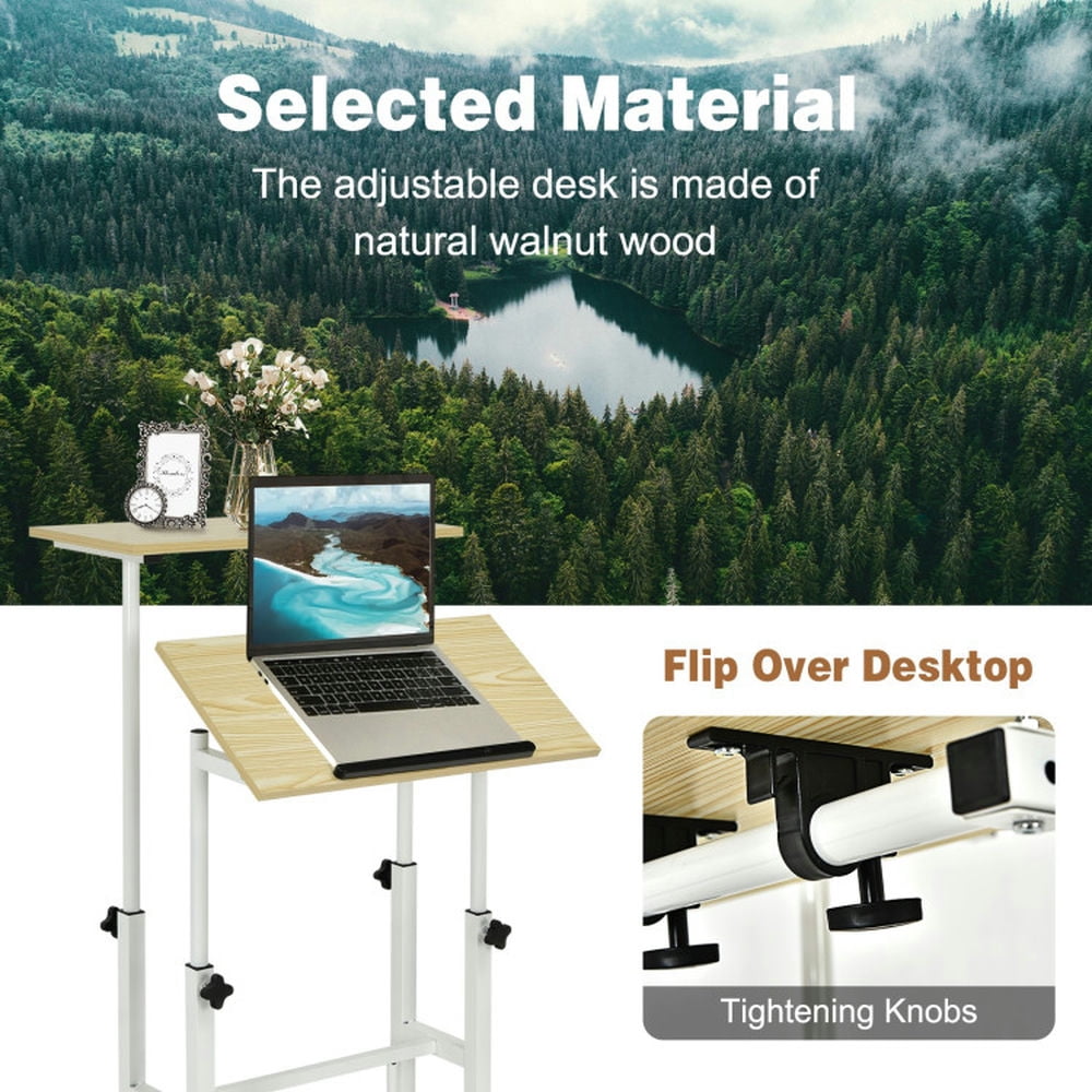 Spaco Height Adjustable Mobile Standing Desk with rolling wheels for office and home-Natural, Office Furniture, Portable Desk for Home and Office