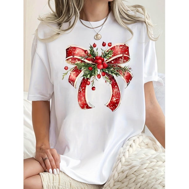 Camiseta de manga corta con cuello redondo y estampado de lazo con temática navideña creativa para mujer, una camiseta deportiva sencilla e informal, perfecta para usar cómodamente en verano durante l