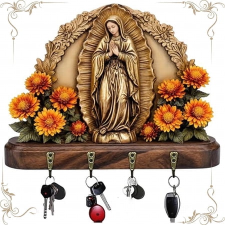 2D Flat Our Lady of Guadalupe Sacred Wall Key Holder Communion Farmhouse Virgin Mary Wall Art with 4 Metal Hooks for Entryway Rustic Mount Housewarming Gifts Christian Gifts for Family and Friends