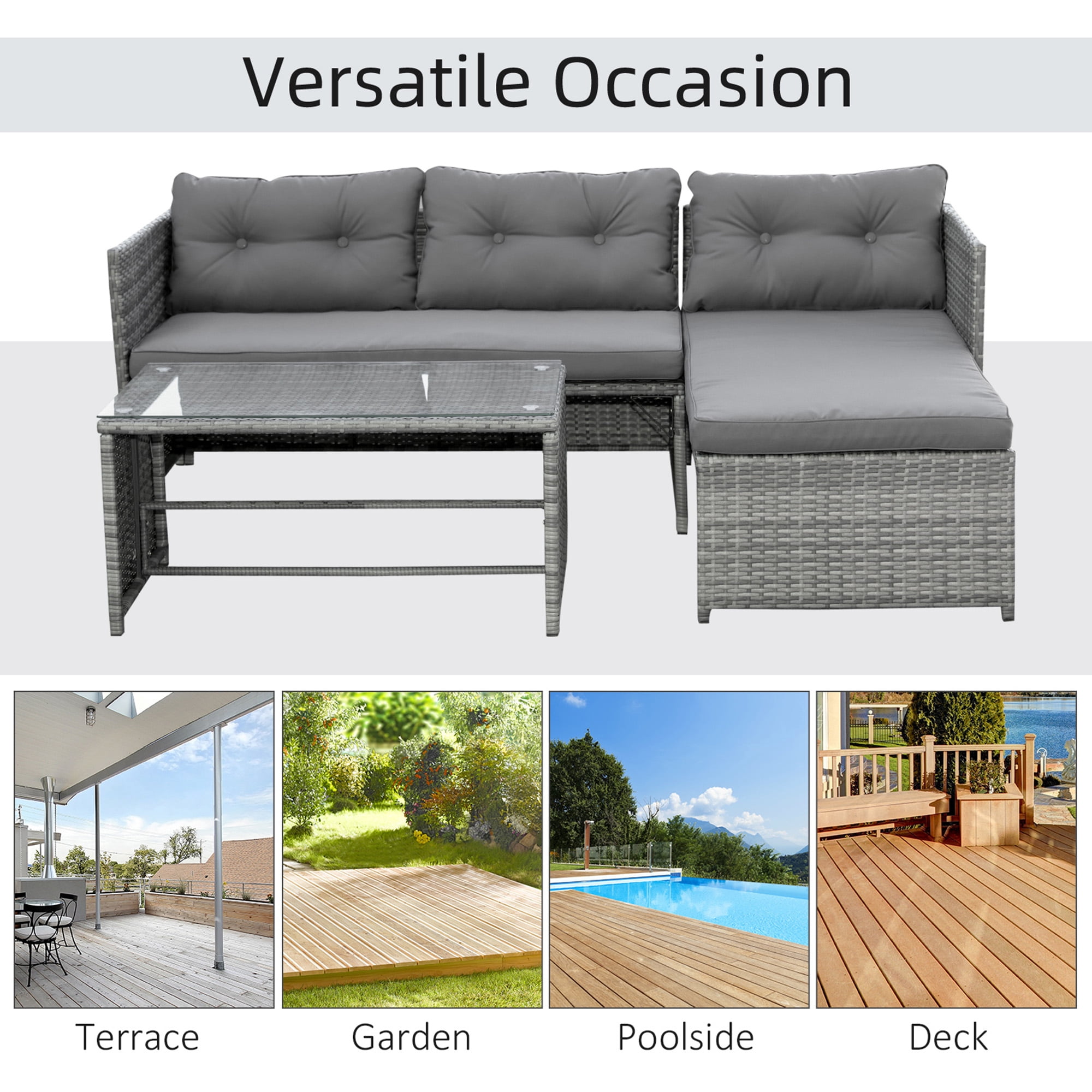 Outsunny 3 Piece Patio Furniture Set, Rattan Outdoor Sofa Set with Chaise Lounge & Loveseat, Soft Cushions, Tempered Glass Table, L-Shaped Sectional Couch, Charcoal
