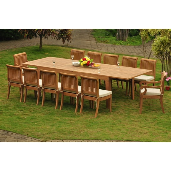 Teak Dining Set: 12 Seater 13 Pc: Large Caranasas 122" Dining Rectangle Table Table, 2 Arm & 10 Giva Armless Chairs Outdoor Patio Grade-A Teak Wood WholesaleTeak #WMDSGV65