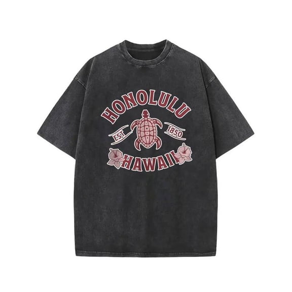 Men's Black Washed Graphic Tee with Honolulu Hawaii Print, S-5XL Plus Size T-Shirt, Casual Retro Style Top for Travel Enthusiasts